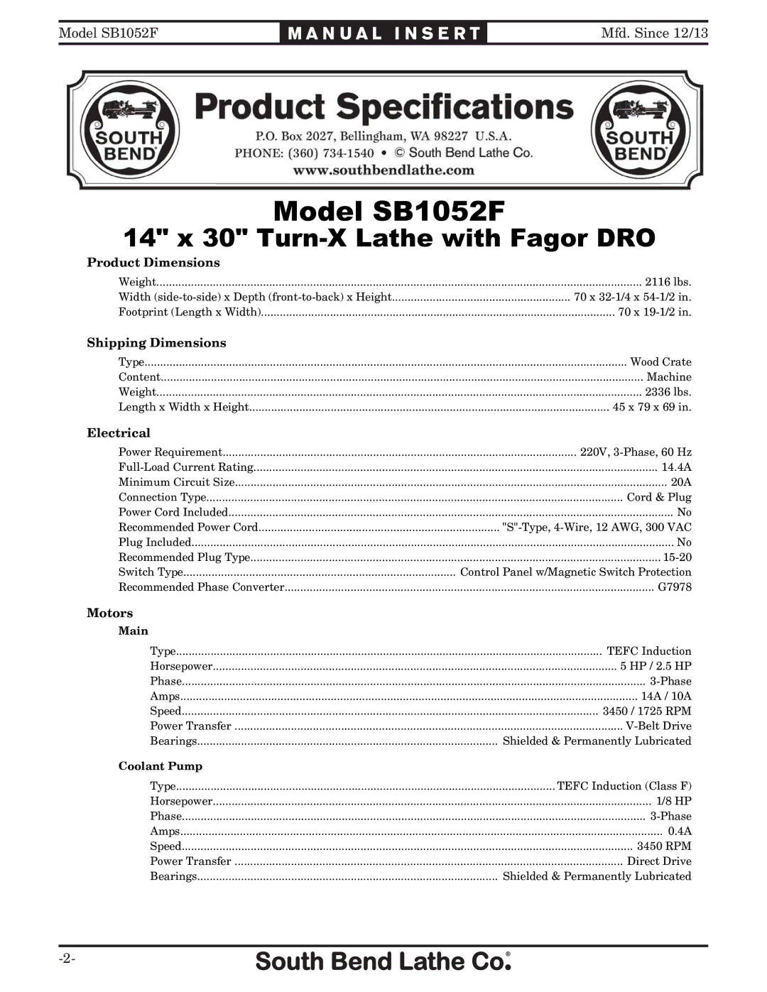 Southbend SB1052F TURN-X owner manual Model SB1052F 