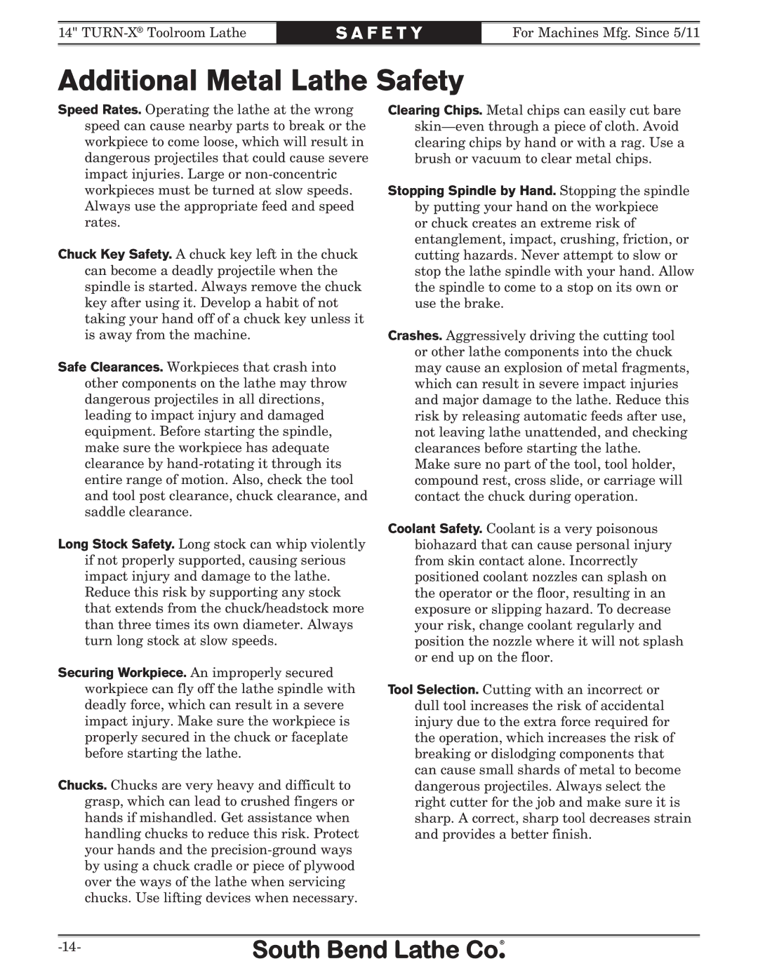 Southbend SB1052F TURN-X owner manual Additional Metal Lathe Safety 