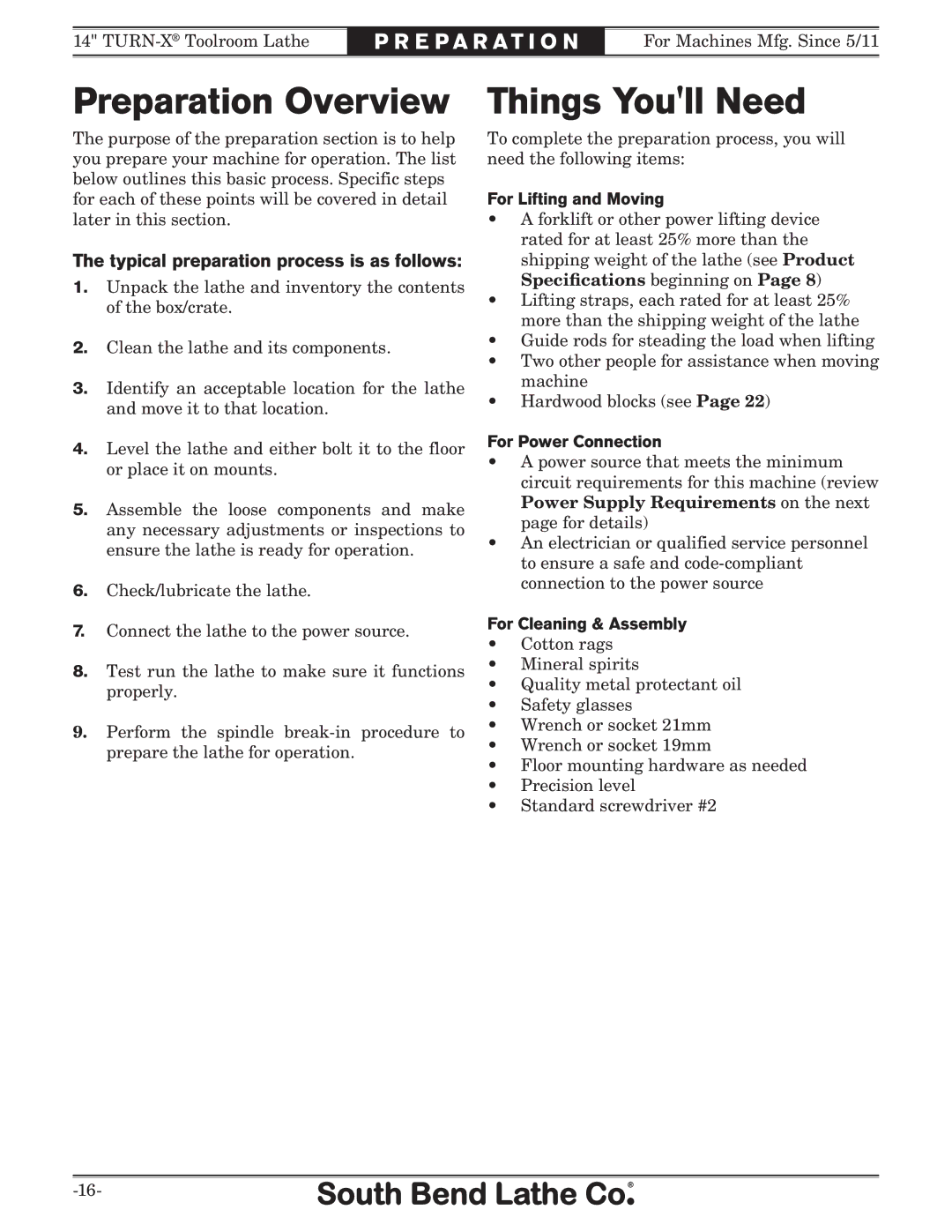 Southbend SB1052F TURN-X owner manual Preparation Overview, Things Youll Need, Typical preparation process is as follows 