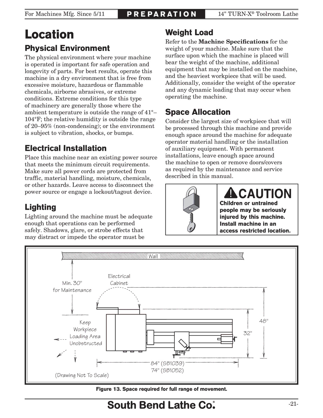 Southbend SB1052F TURN-X owner manual Location 