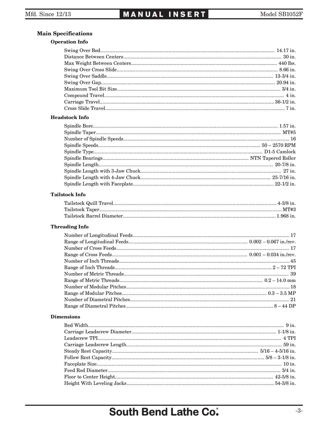 Southbend SB1052F TURN-X owner manual Main Specifications 