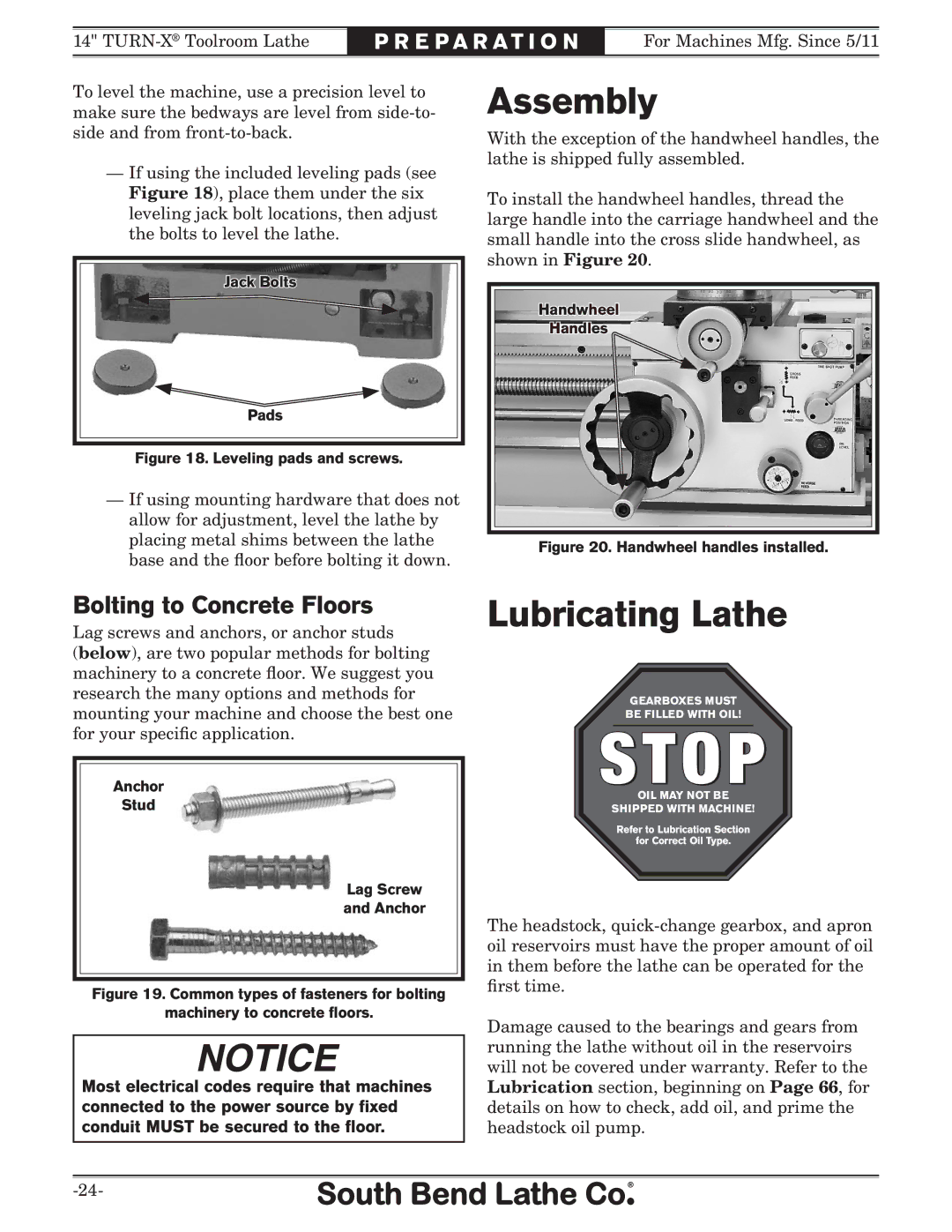 Southbend SB1052F TURN-X owner manual Assembly, Lubricating Lathe, Bolting to Concrete Floors 