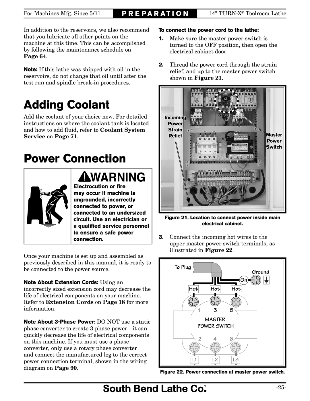 Southbend SB1052F TURN-X Adding Coolant, Power Connection, To connect the power cord to the lathe, To Plug, Hot 