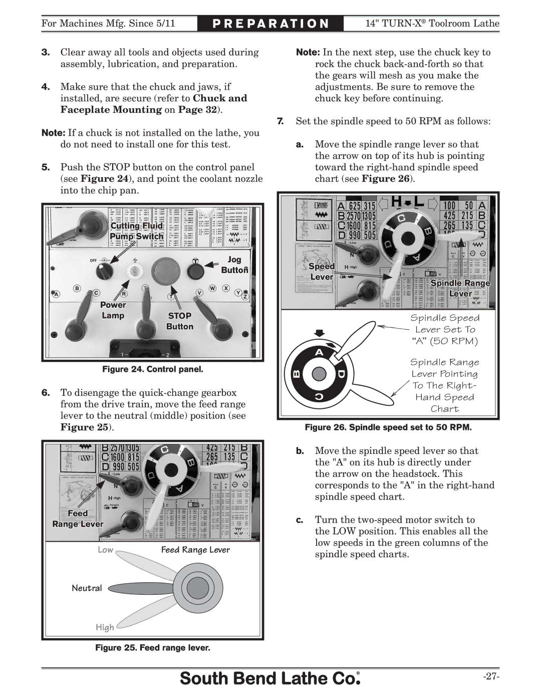 Southbend SB1052F TURN-X owner manual Neutral, Spindle Speed, Lever Set To, 50 RPM 