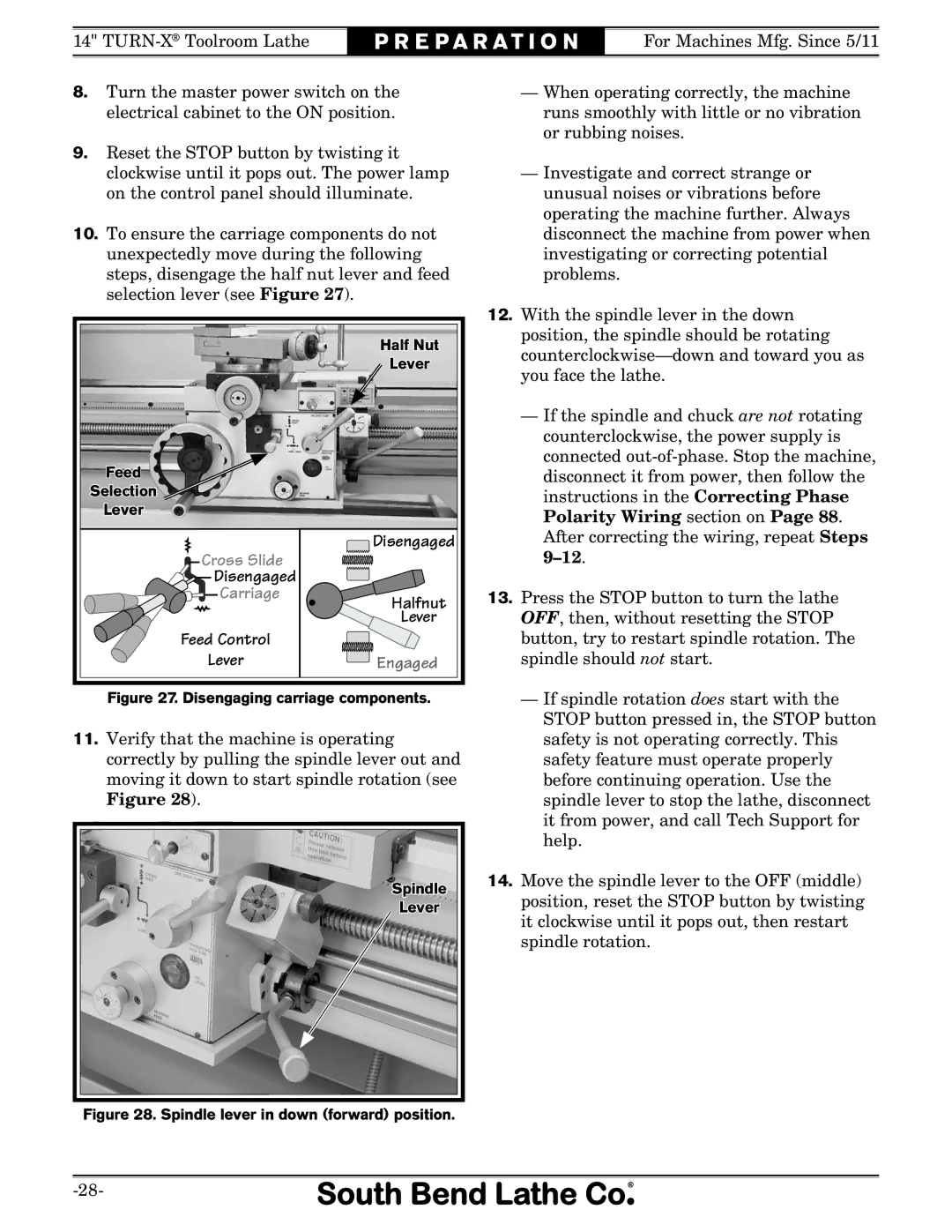 Southbend SB1052F TURN-X owner manual Feed Control Lever Disengaged Halfnut 