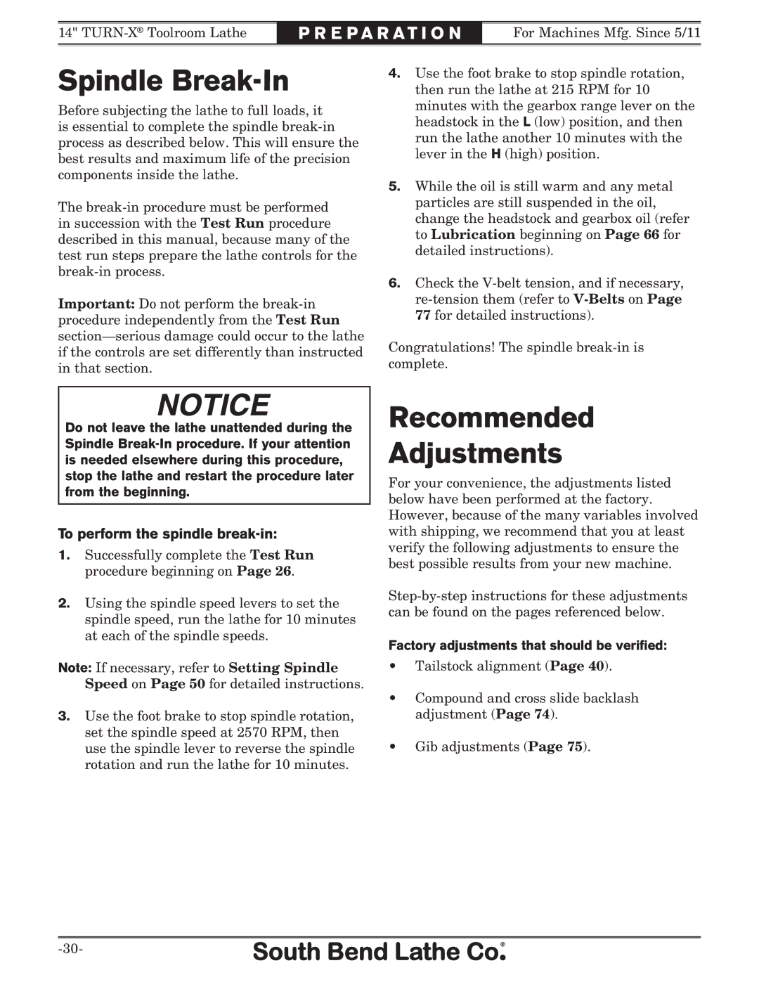 Southbend SB1052F TURN-X owner manual Spindle Break-In, Recommended Adjustments, To perform the spindle break-in 