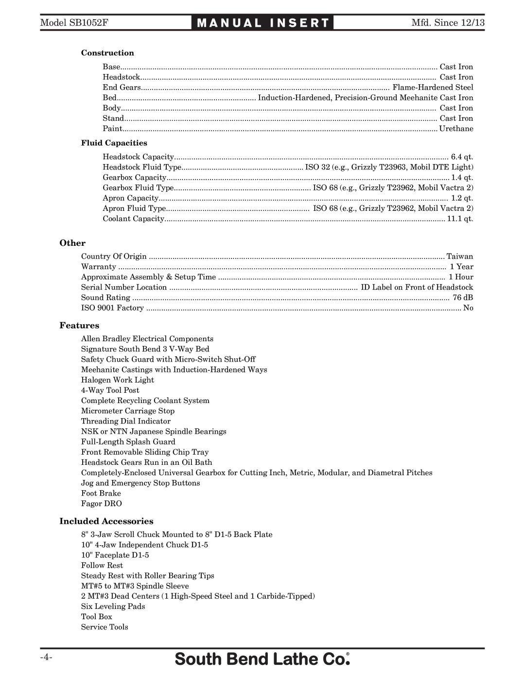 Southbend SB1052F TURN-X owner manual Other 