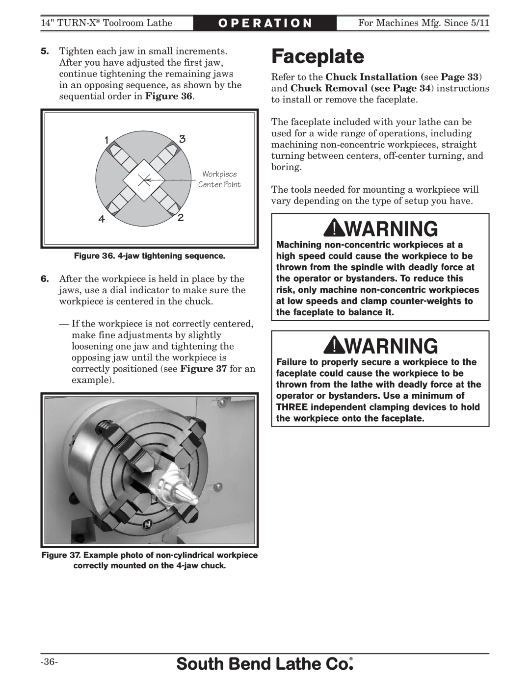 Southbend SB1052F TURN-X owner manual Faceplate, Jaw tightening sequence 