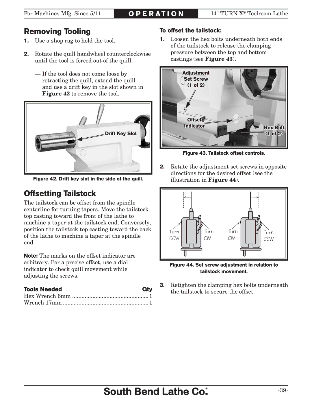 Southbend SB1052F TURN-X owner manual Removing Tooling, Offsetting Tailstock, To offset the tailstock, Tools Needed Qty 