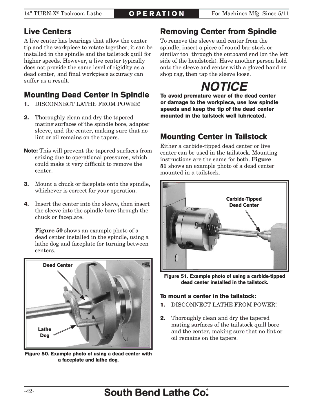 Southbend SB1052F TURN-X owner manual Live Centers, Mounting Dead Center in Spindle, Removing Center from Spindle 