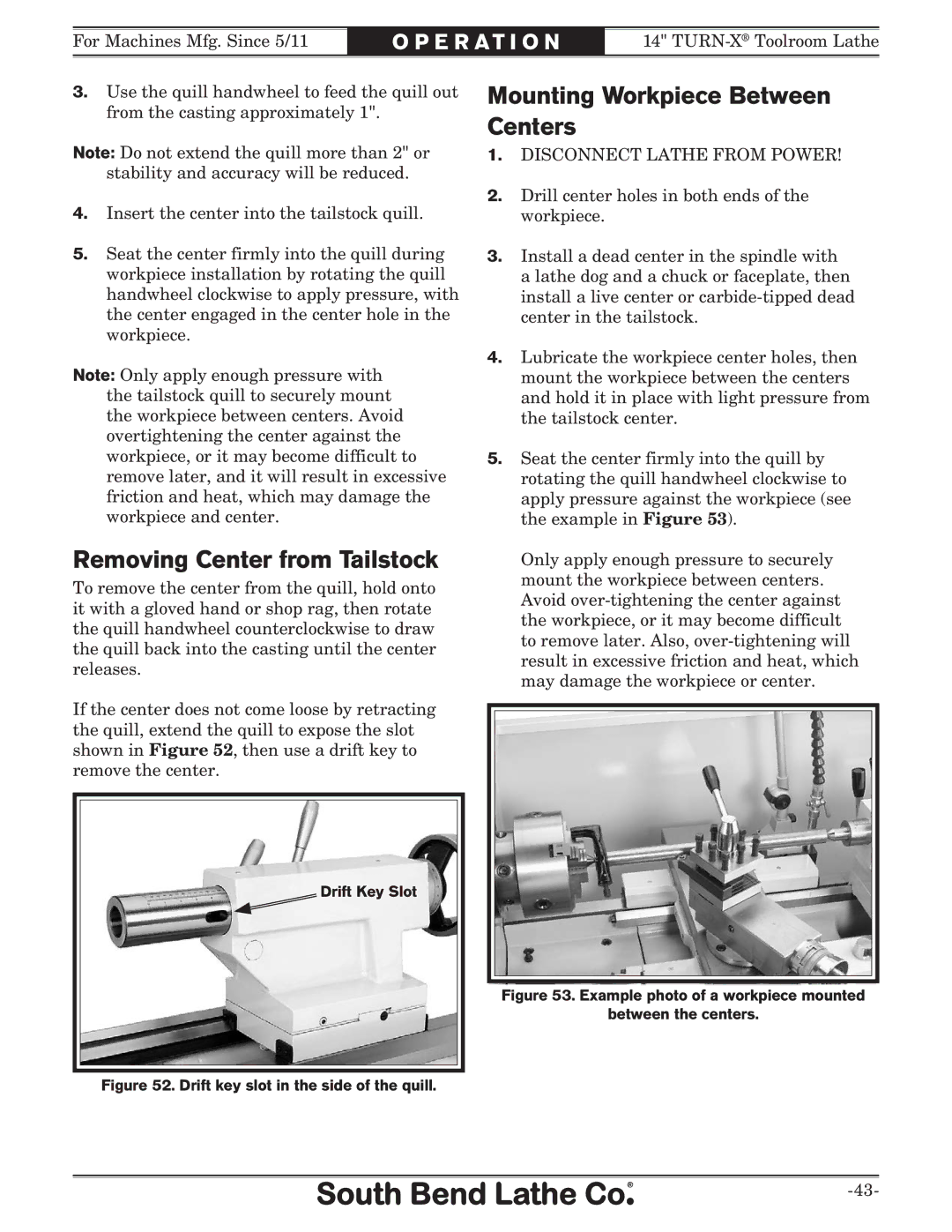 Southbend SB1052F TURN-X owner manual Removing Center from Tailstock, Mounting Workpiece Between Centers 