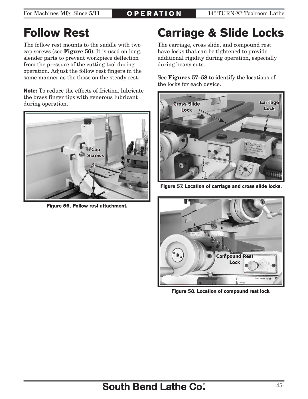 Southbend SB1052F TURN-X owner manual Follow Rest, Carriage & Slide Locks 