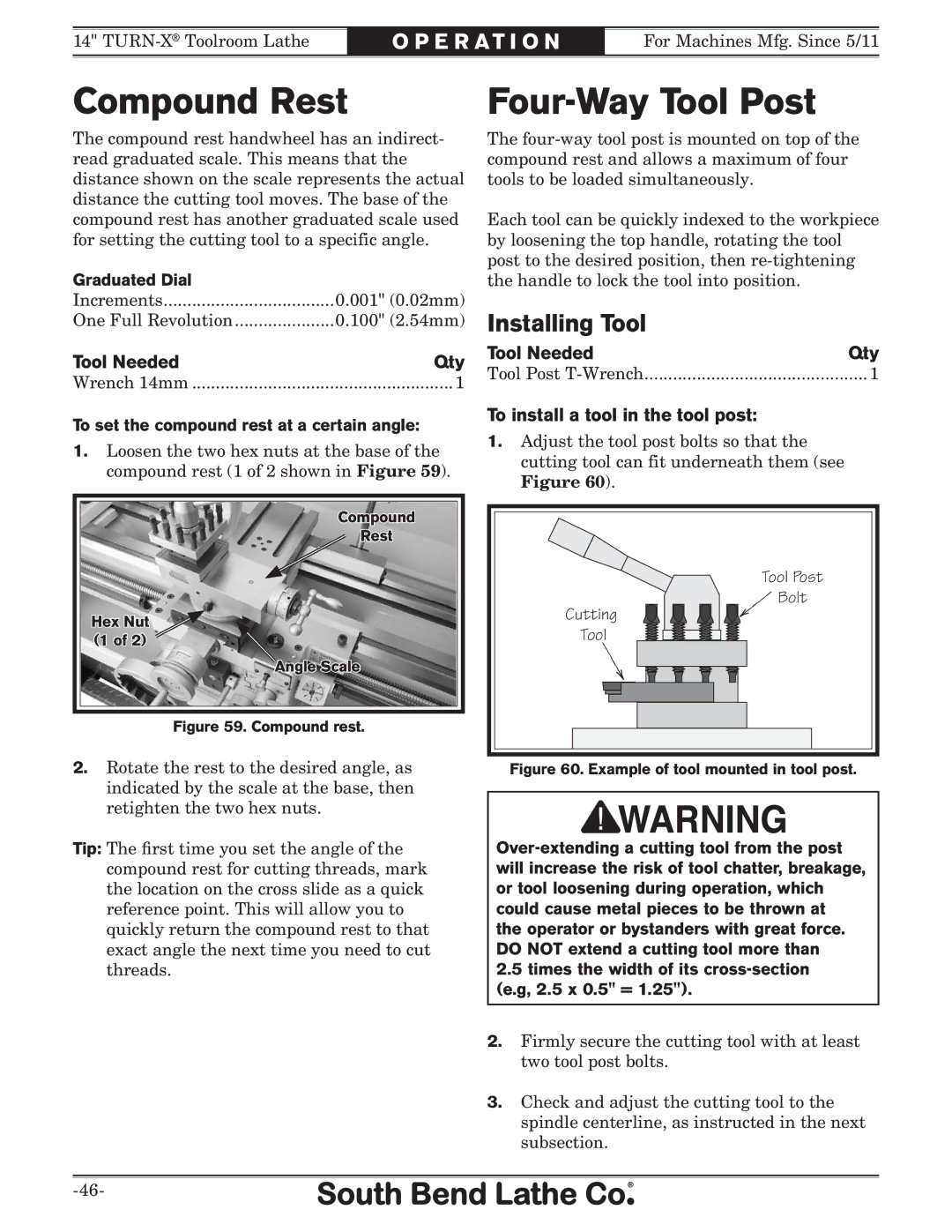 Southbend SB1052F TURN-X Compound Rest, Four-Way Tool Post, Tool Needed Qty, To install a tool in the tool post 