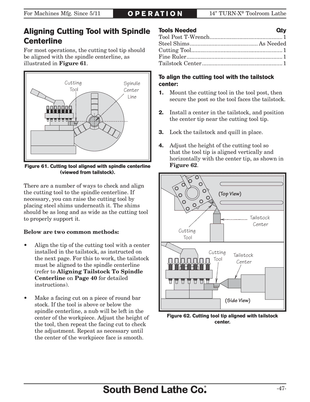 Southbend SB1052F TURN-X owner manual Aligning Cutting Tool with Spindle Centerline, Top View, Side View 