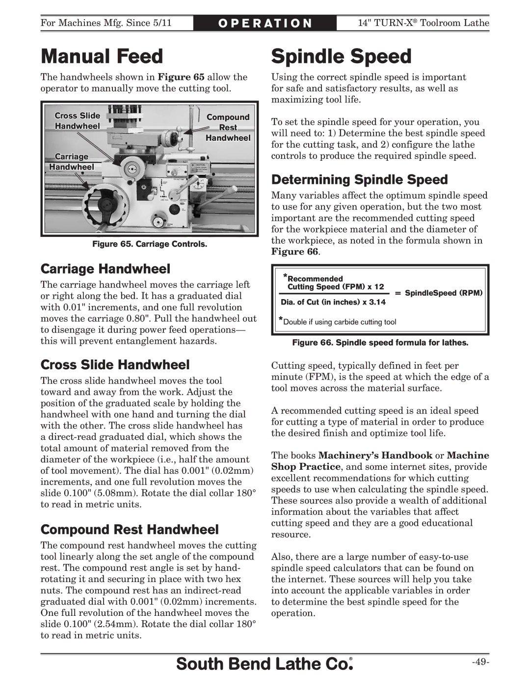 Southbend SB1052F TURN-X owner manual Manual Feed, Spindle Speed 