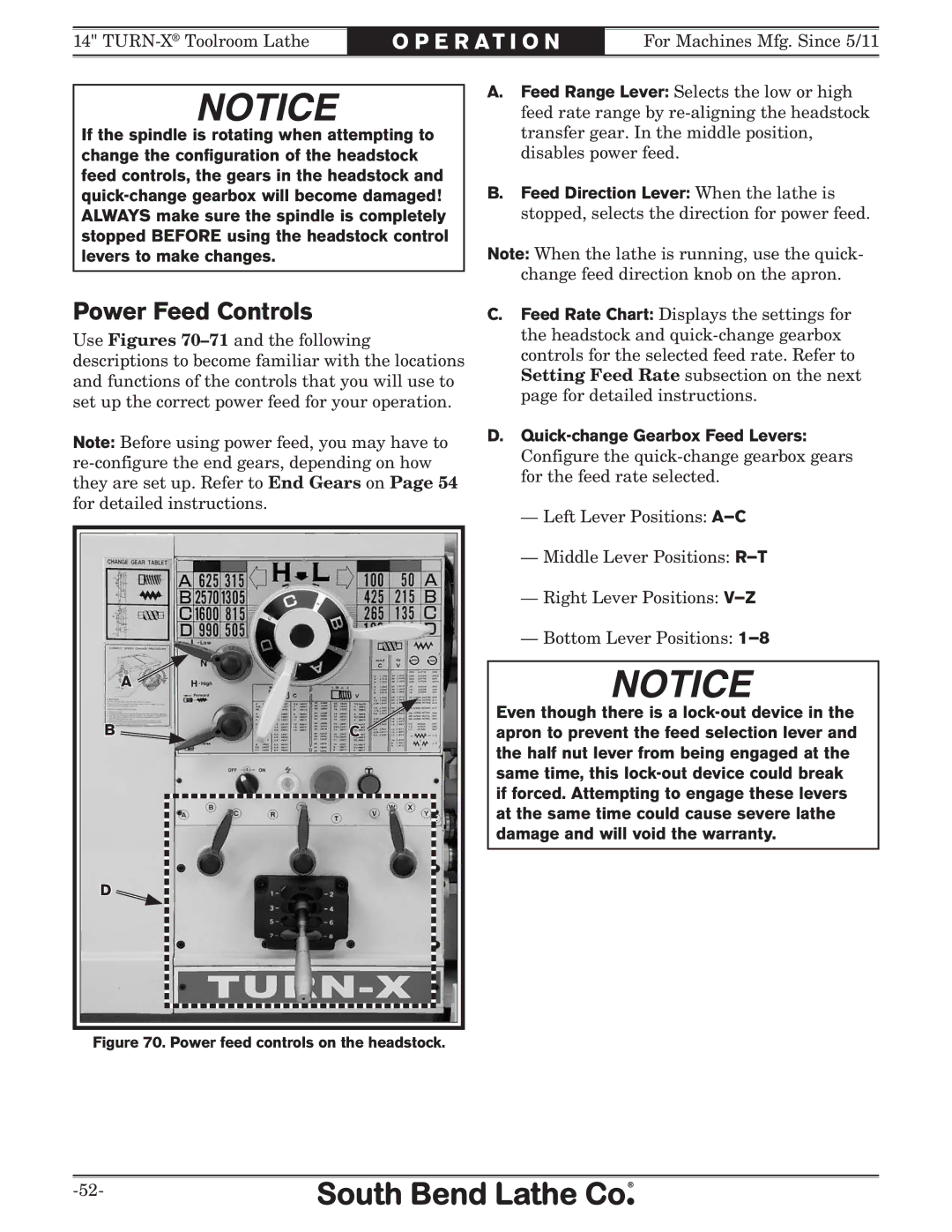 Southbend SB1052F TURN-X owner manual Power Feed Controls, Quick-change Gearbox Feed Levers 