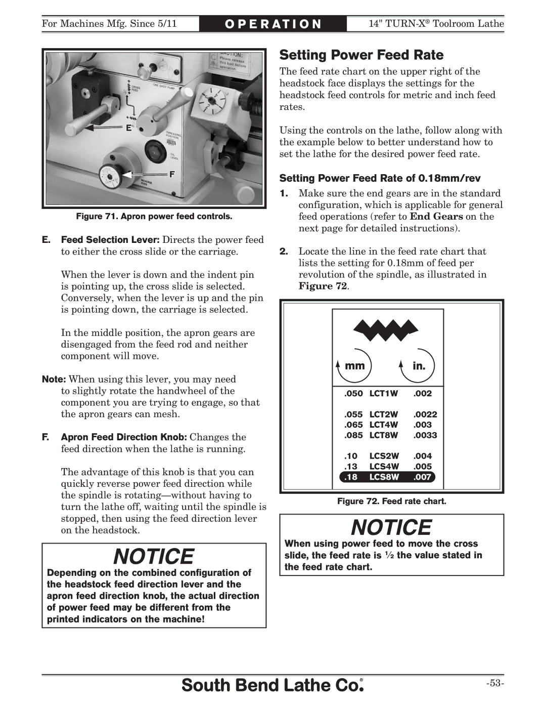 Southbend SB1052F TURN-X owner manual Setting Power Feed Rate of 0.18mm/rev 