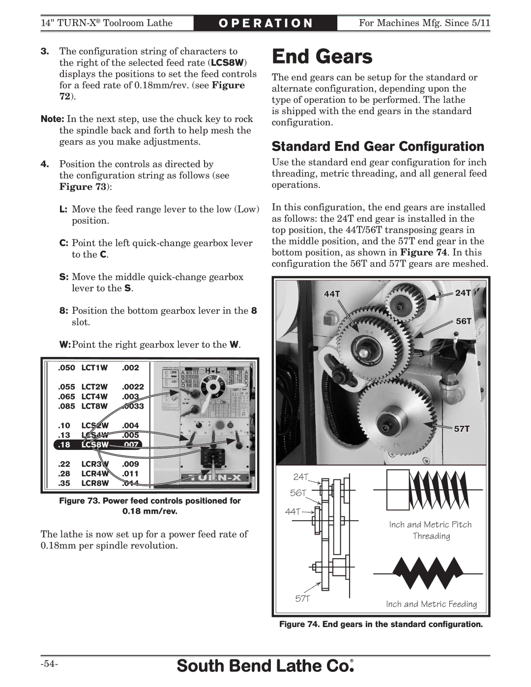 Southbend SB1052F TURN-X owner manual End Gears, Standard End Gear Configuration, 24T 56T 44T, 57T 