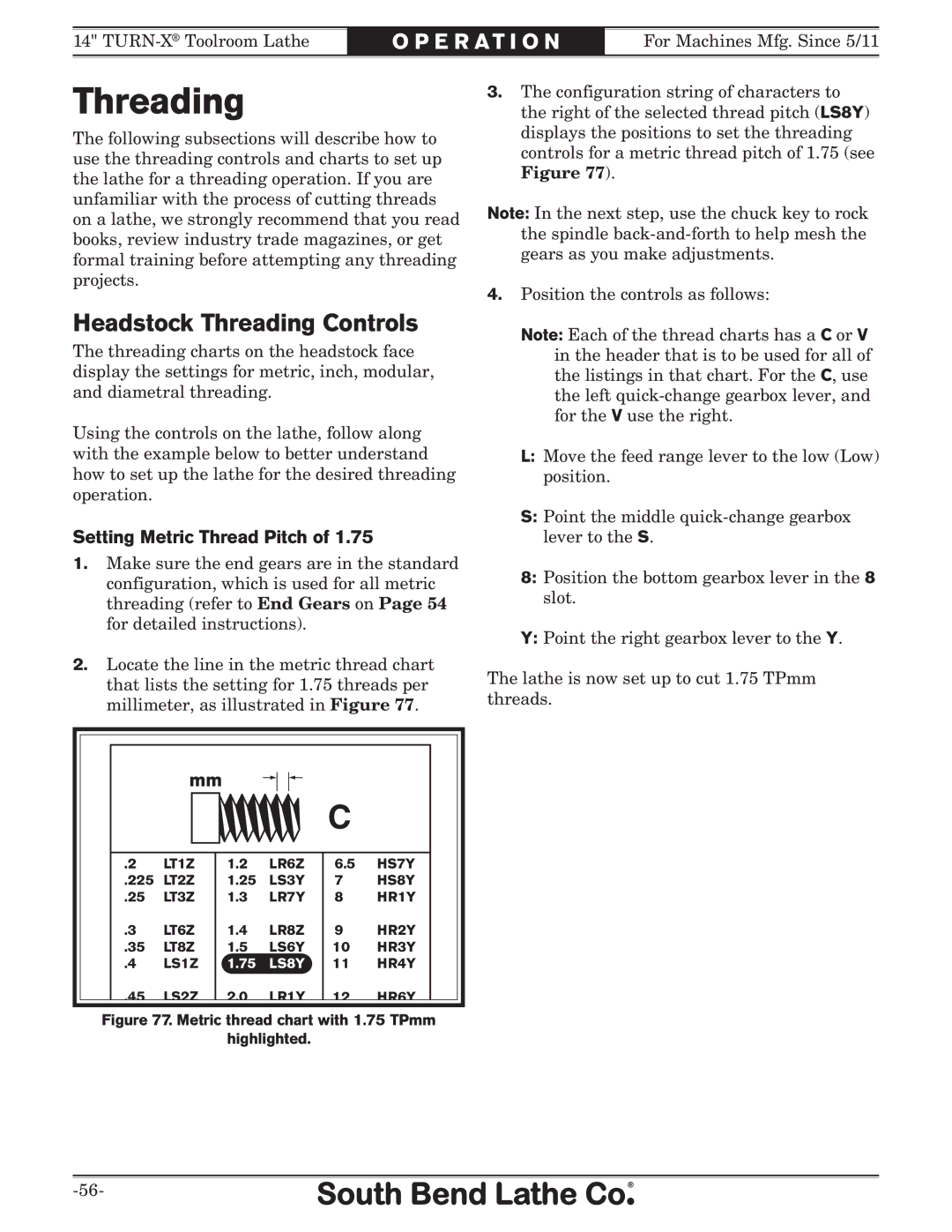 Southbend SB1052F TURN-X owner manual Headstock Threading Controls, Setting Metric Thread Pitch 