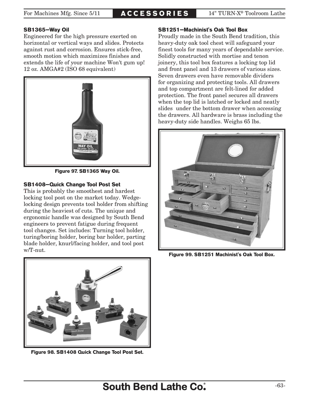 Southbend SB1052F TURN-X owner manual SB1365-Way Oil, SB1251-Machinists Oak Tool Box 