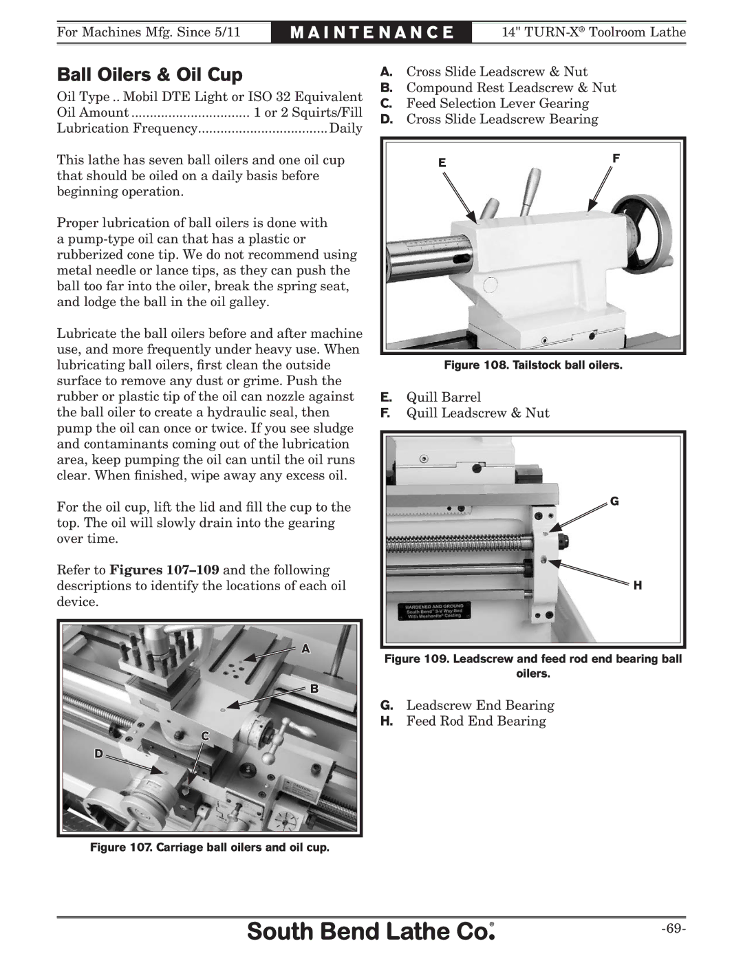 Southbend SB1052F TURN-X owner manual Ball Oilers & Oil Cup, Tailstock ball oilers 