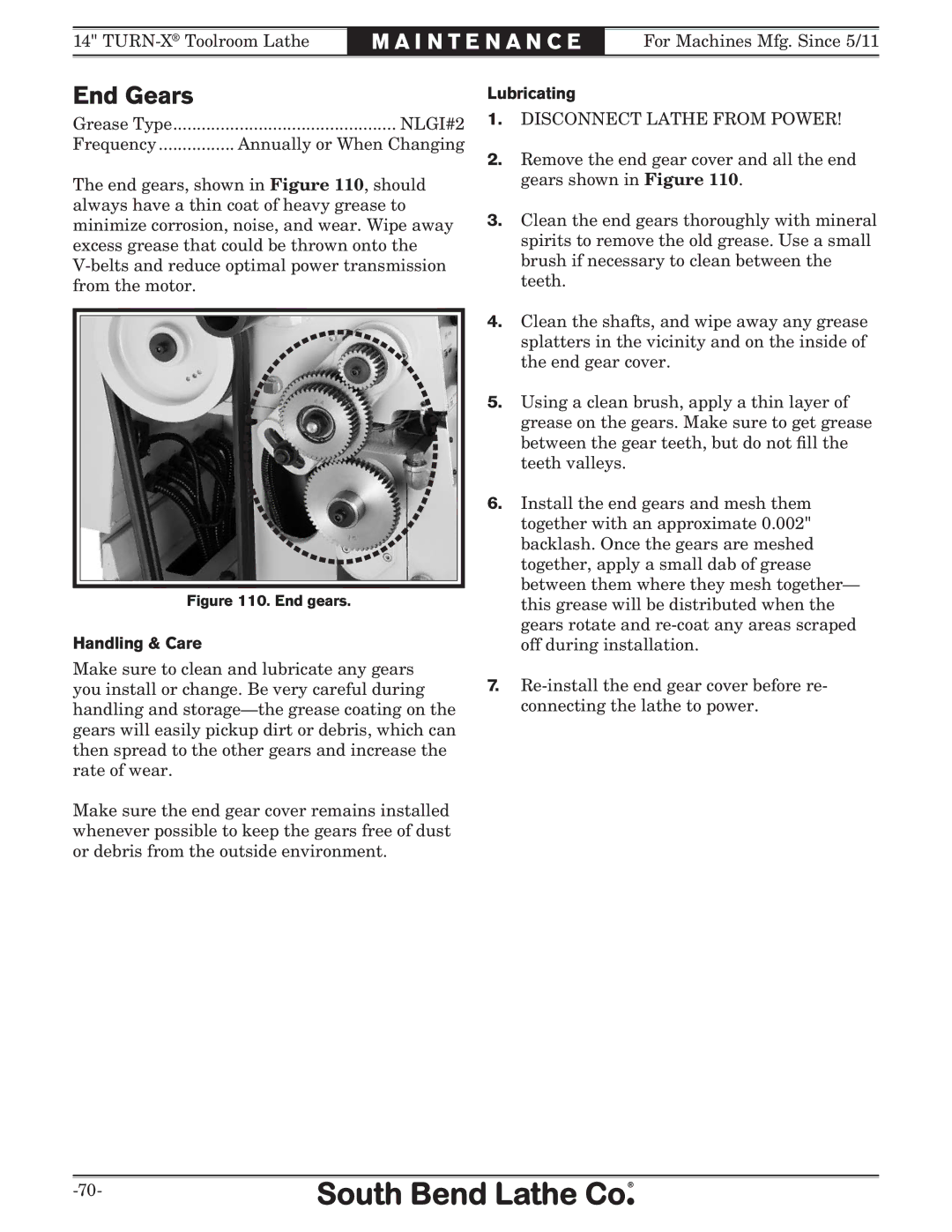 Southbend SB1052F TURN-X owner manual Handling & Care, Lubricating 