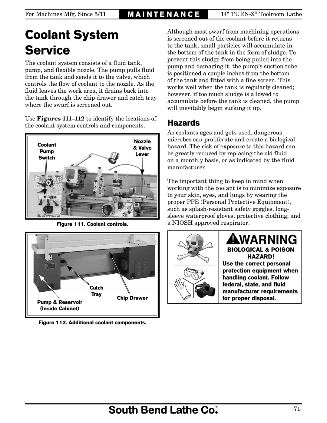 Southbend SB1052F TURN-X owner manual Coolant System Service, Hazards 