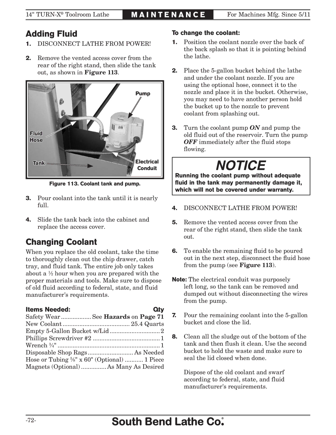 Southbend SB1052F TURN-X owner manual Adding Fluid, Changing Coolant, Items Needed Qty, To change the coolant 