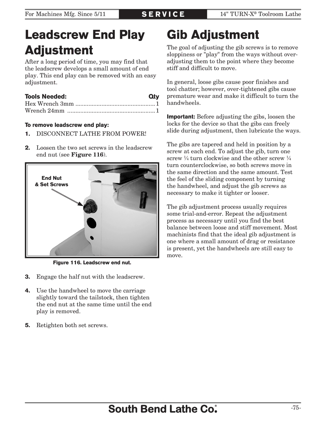 Southbend SB1052F TURN-X owner manual Leadscrew End Play Adjustment, Gib Adjustment, To remove leadscrew end play 