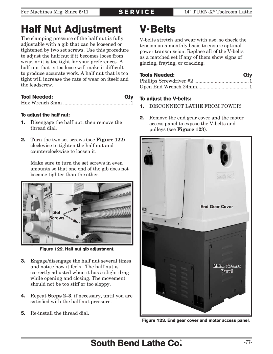 Southbend SB1052F TURN-X owner manual Half Nut Adjustment, Belts, To adjust the V-belts, To adjust the half nut 