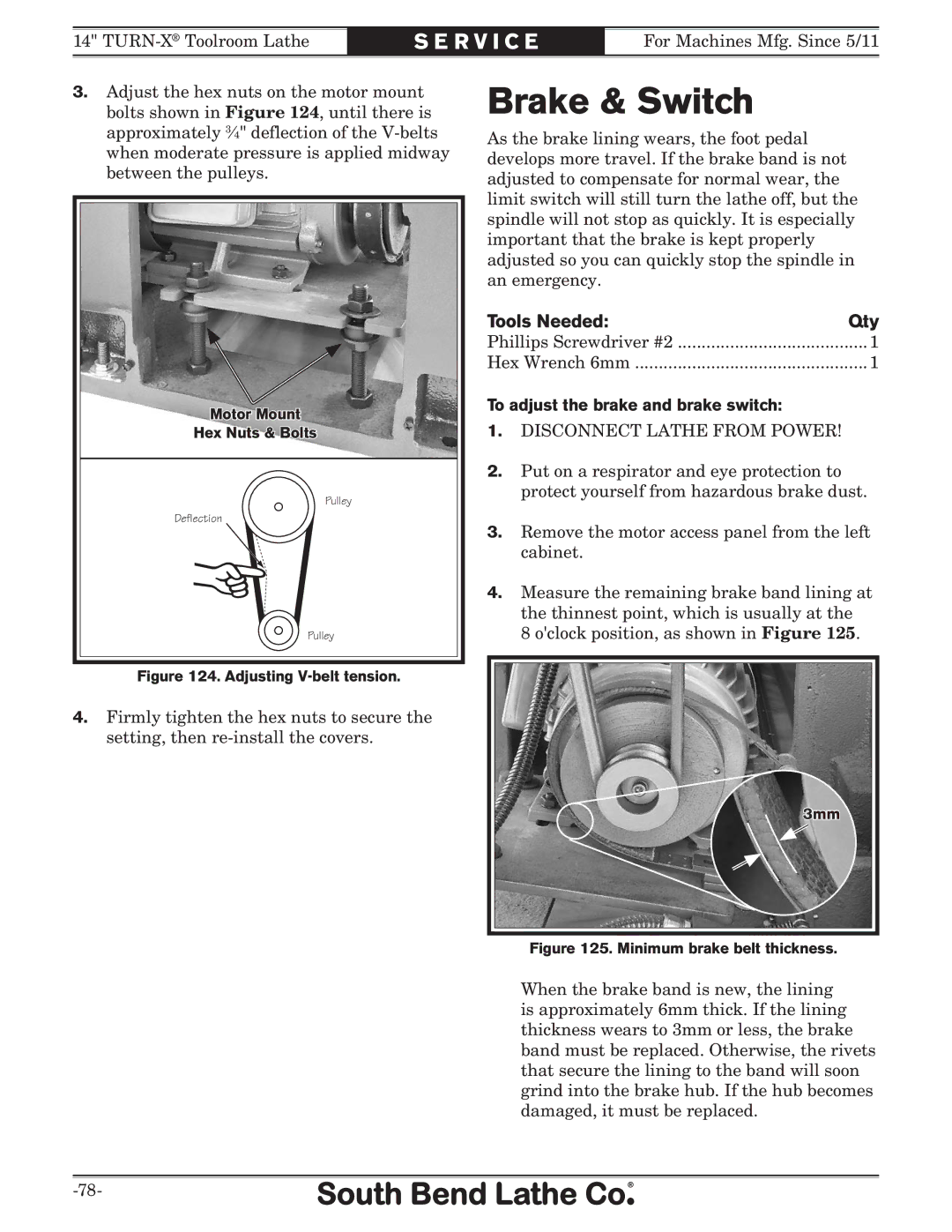 Southbend SB1052F TURN-X owner manual Brake & Switch, To adjust the brake and brake switch 