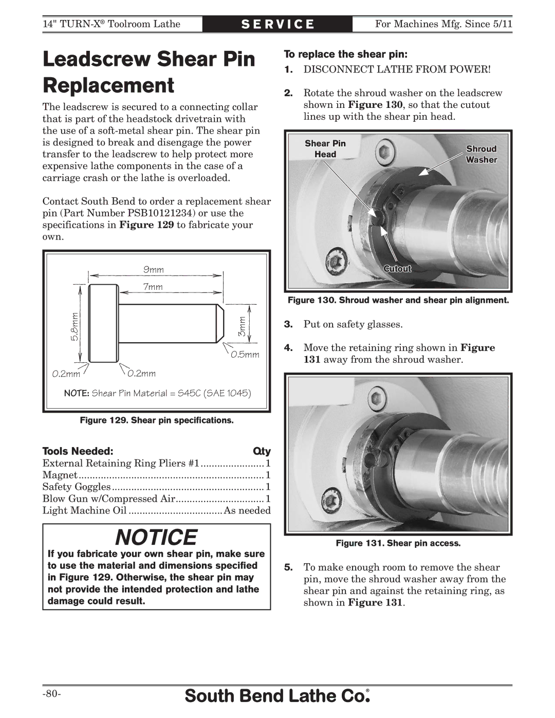 Southbend SB1052F TURN-X owner manual Leadscrew Shear Pin Replacement, To replace the shear pin 