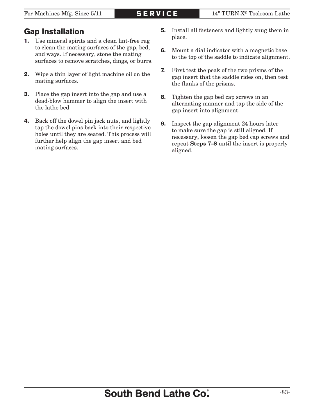 Southbend SB1052F TURN-X owner manual Gap Installation 