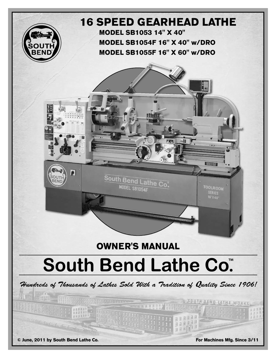 Southbend SB1053 owner manual Speed Gearhead Lathe 