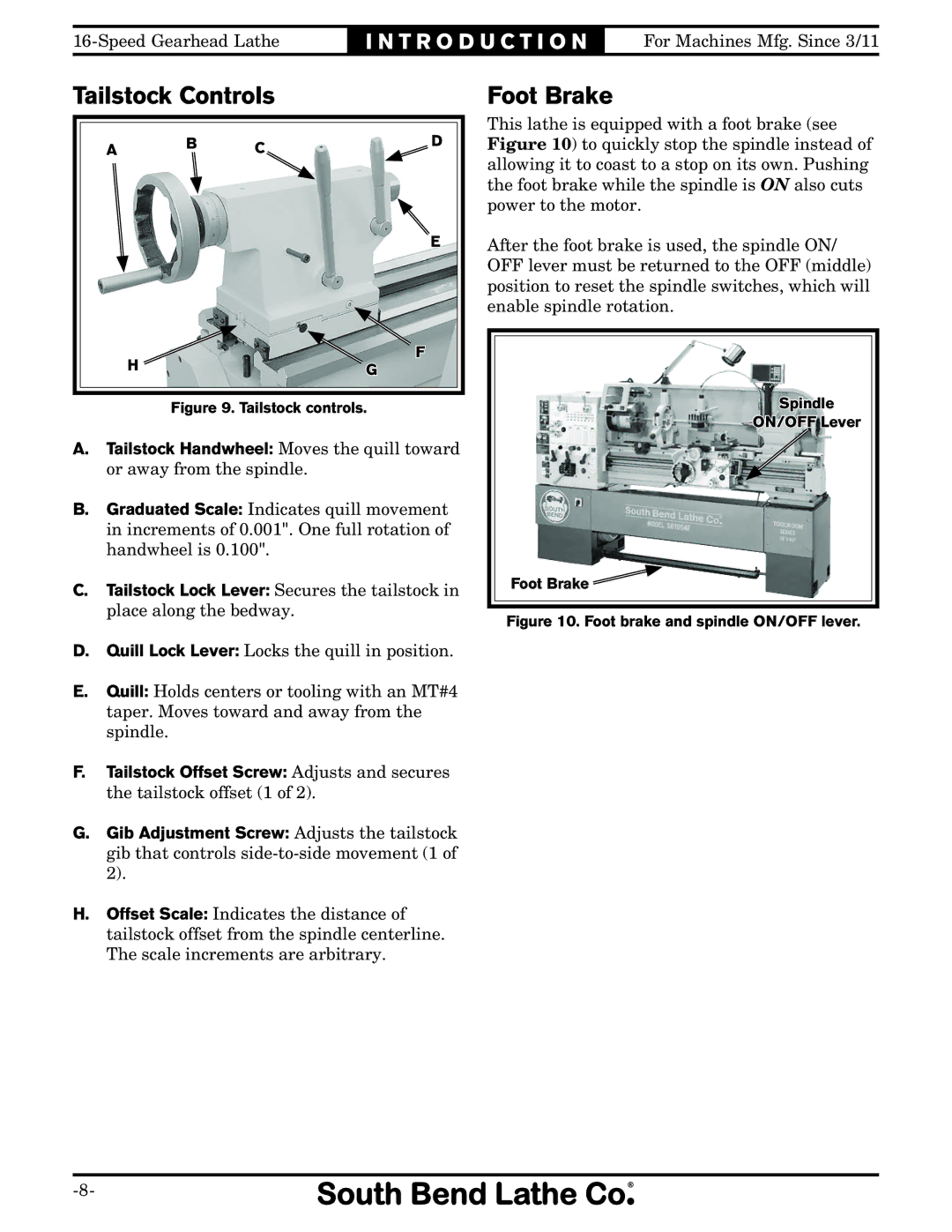 Southbend SB1053 owner manual Tailstock Controls, Foot Brake 