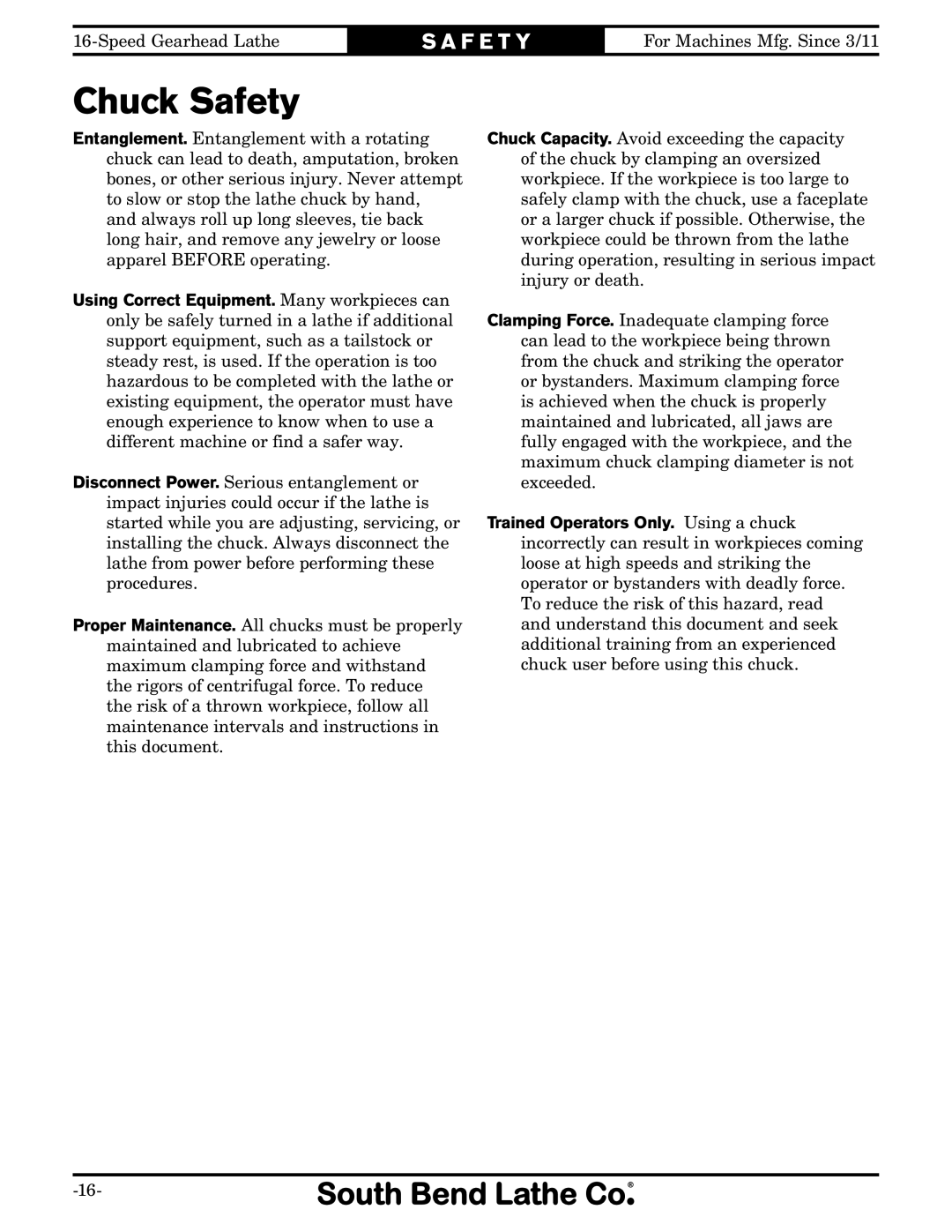 Southbend SB1053 owner manual Chuck Safety 