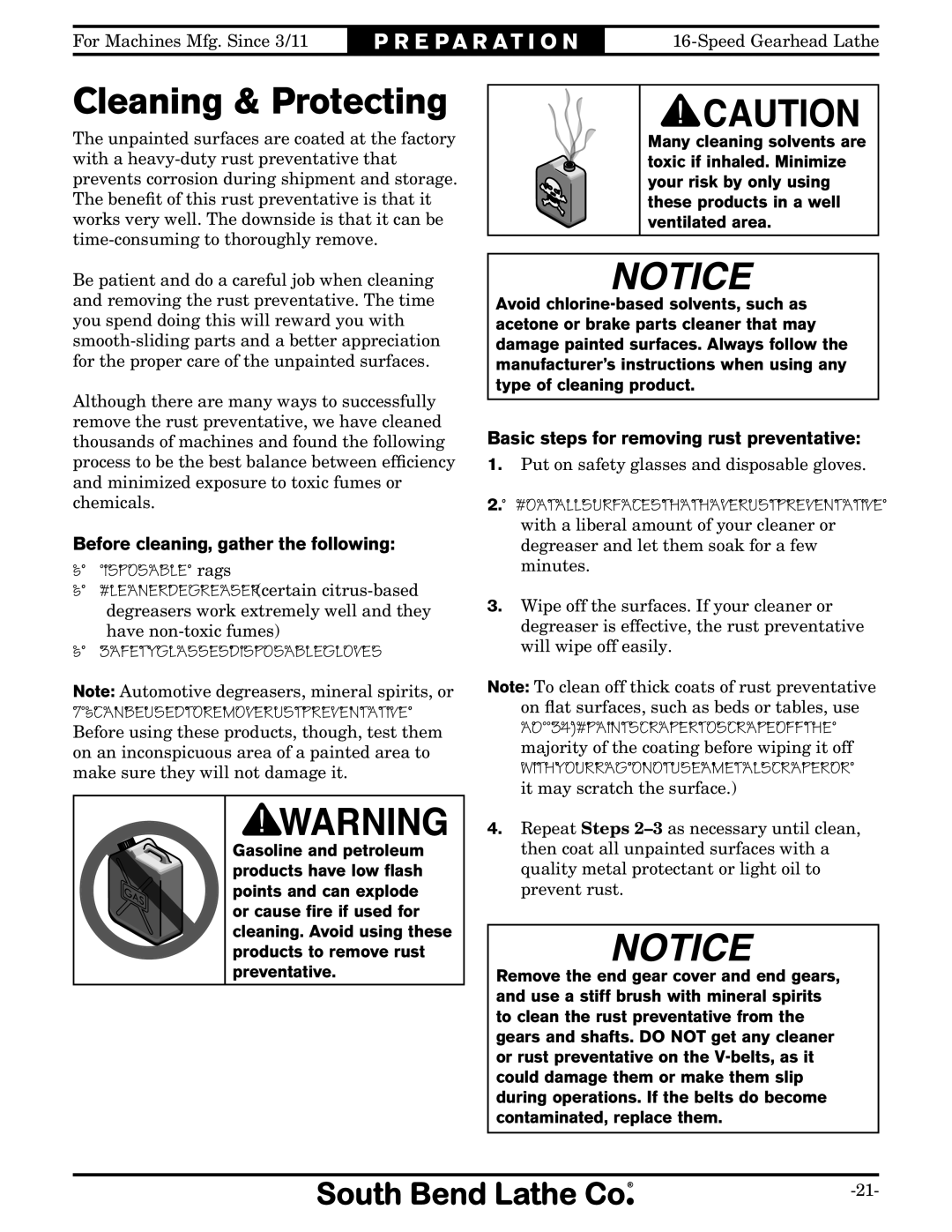 Southbend SB1053 Cleaning & Protecting, Before cleaning, gather the following, Basic steps for removing rust preventative 