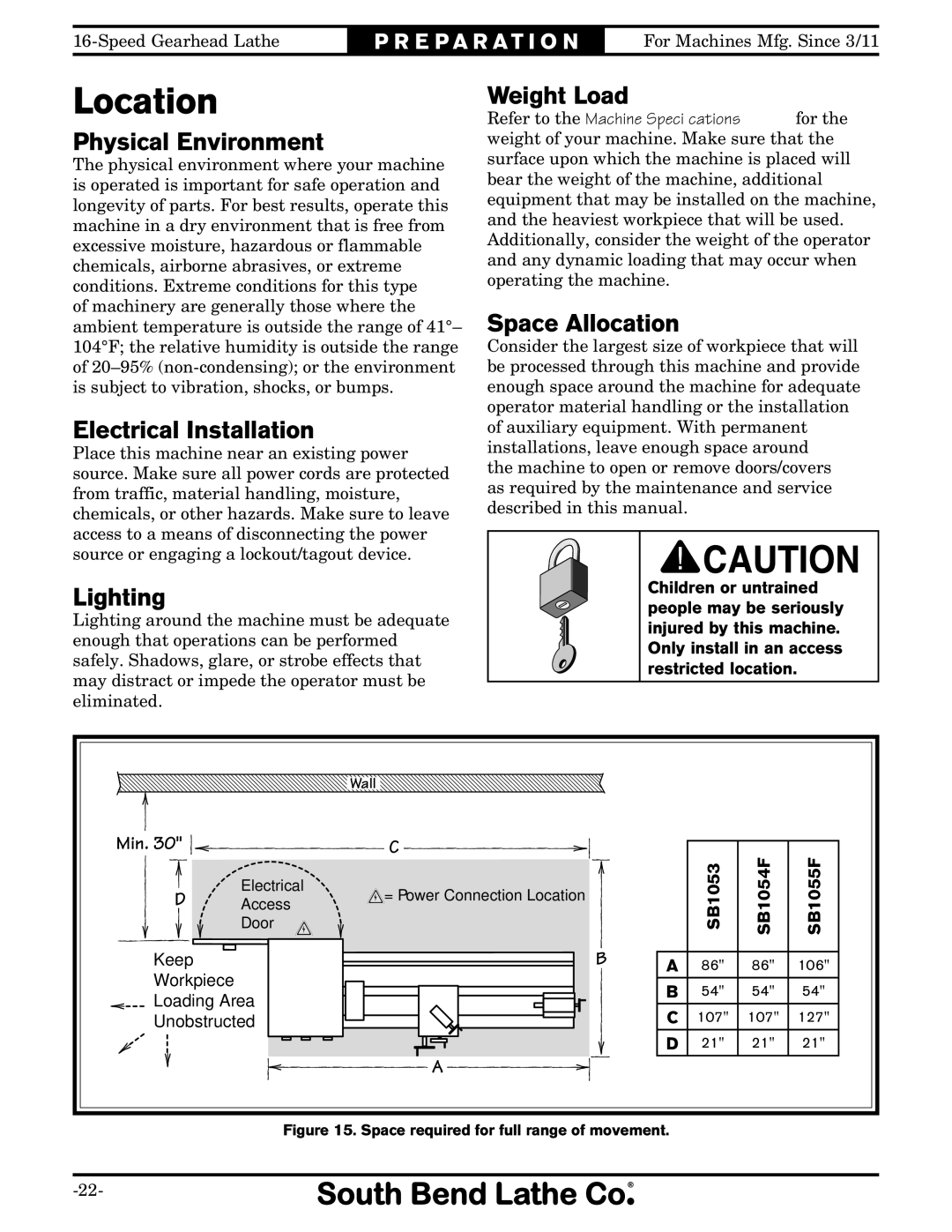 Southbend SB1053 owner manual Location 