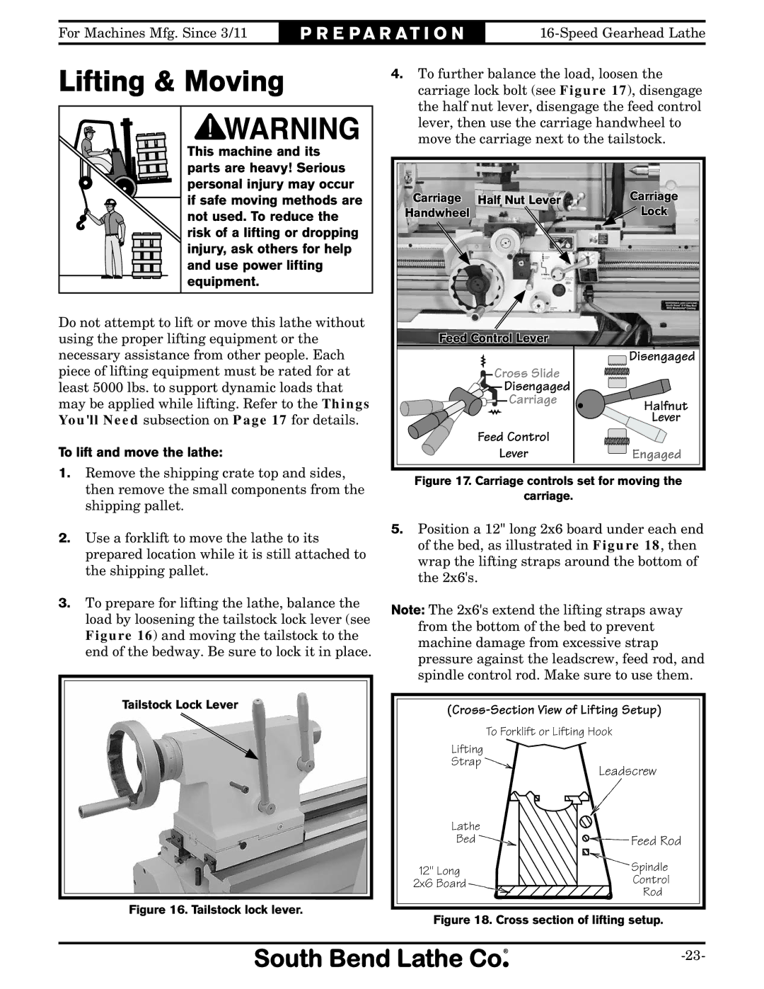 Southbend SB1053 owner manual Lifting & Moving 