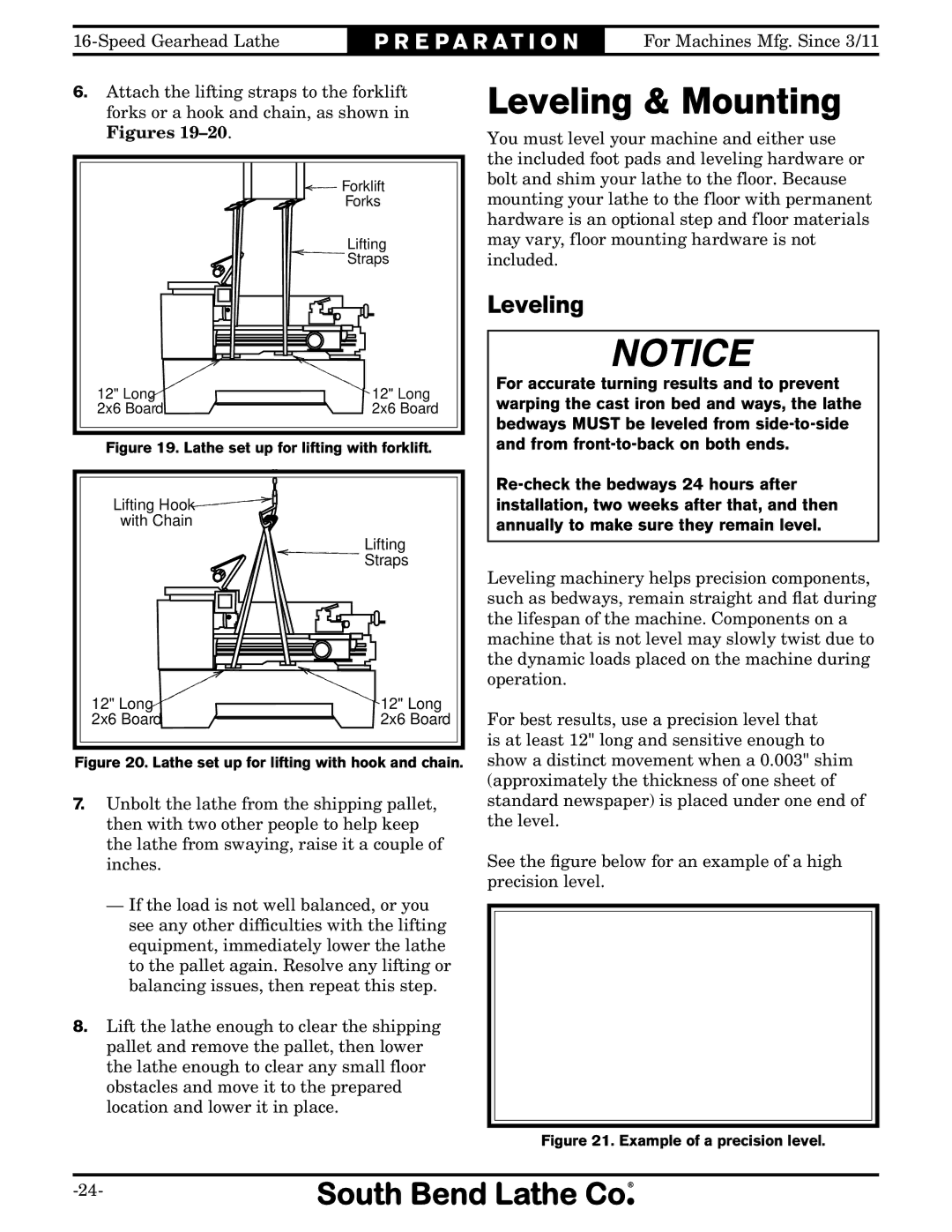 Southbend SB1053 owner manual Leveling & Mounting 