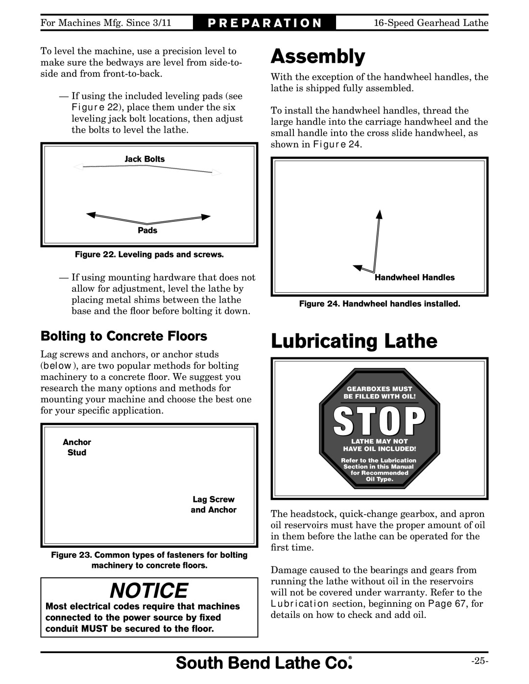 Southbend SB1053 owner manual Assembly, Lubricating Lathe, Bolting to Concrete Floors 