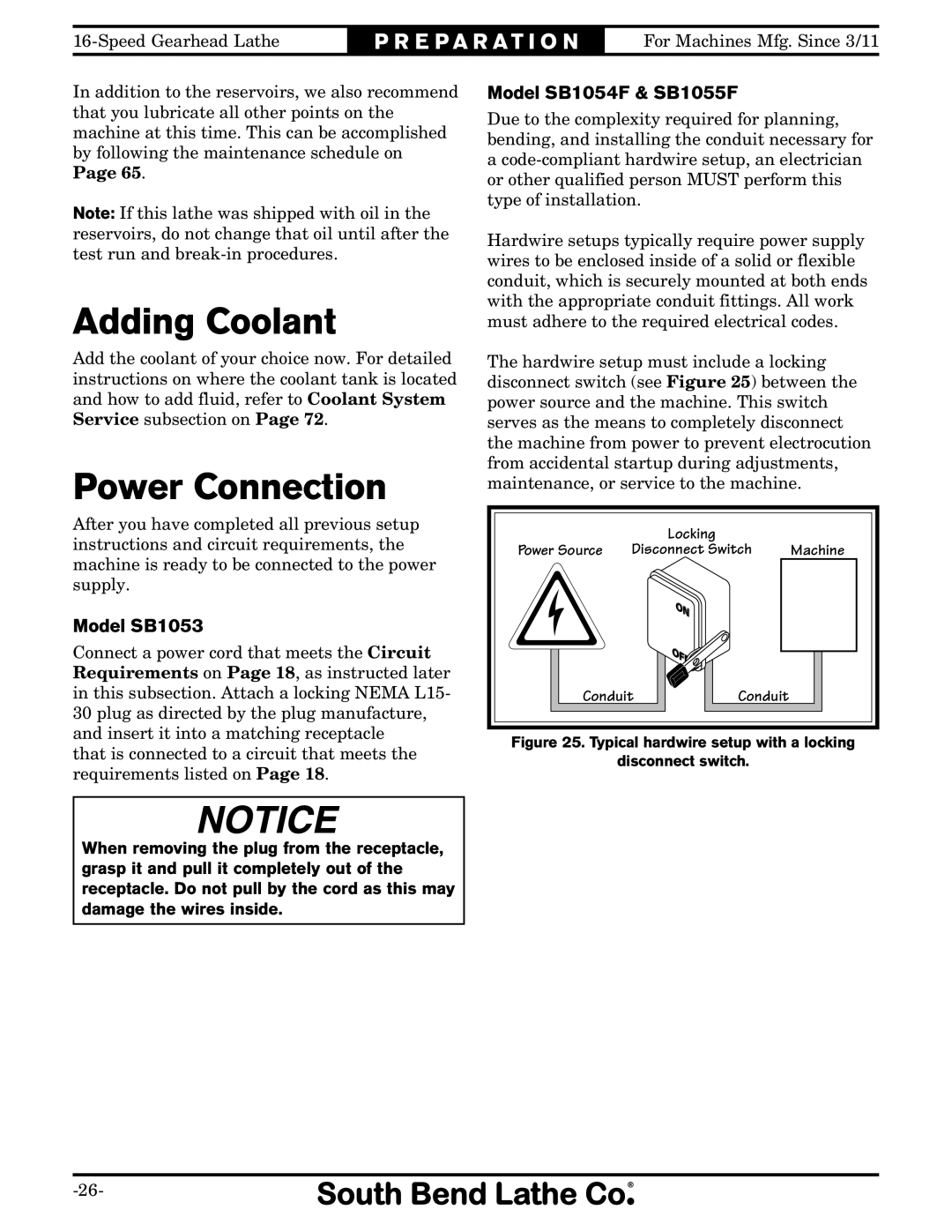 Southbend SB1053 owner manual Adding Coolant, Power Connection 