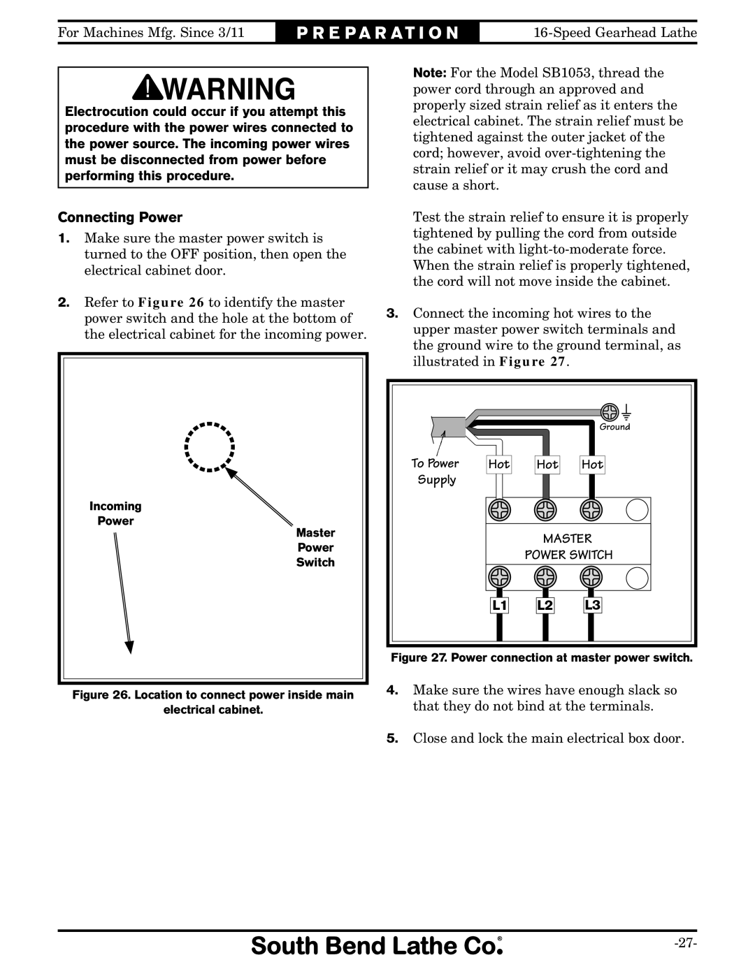 Southbend SB1053 owner manual Connecting Power, Supply 