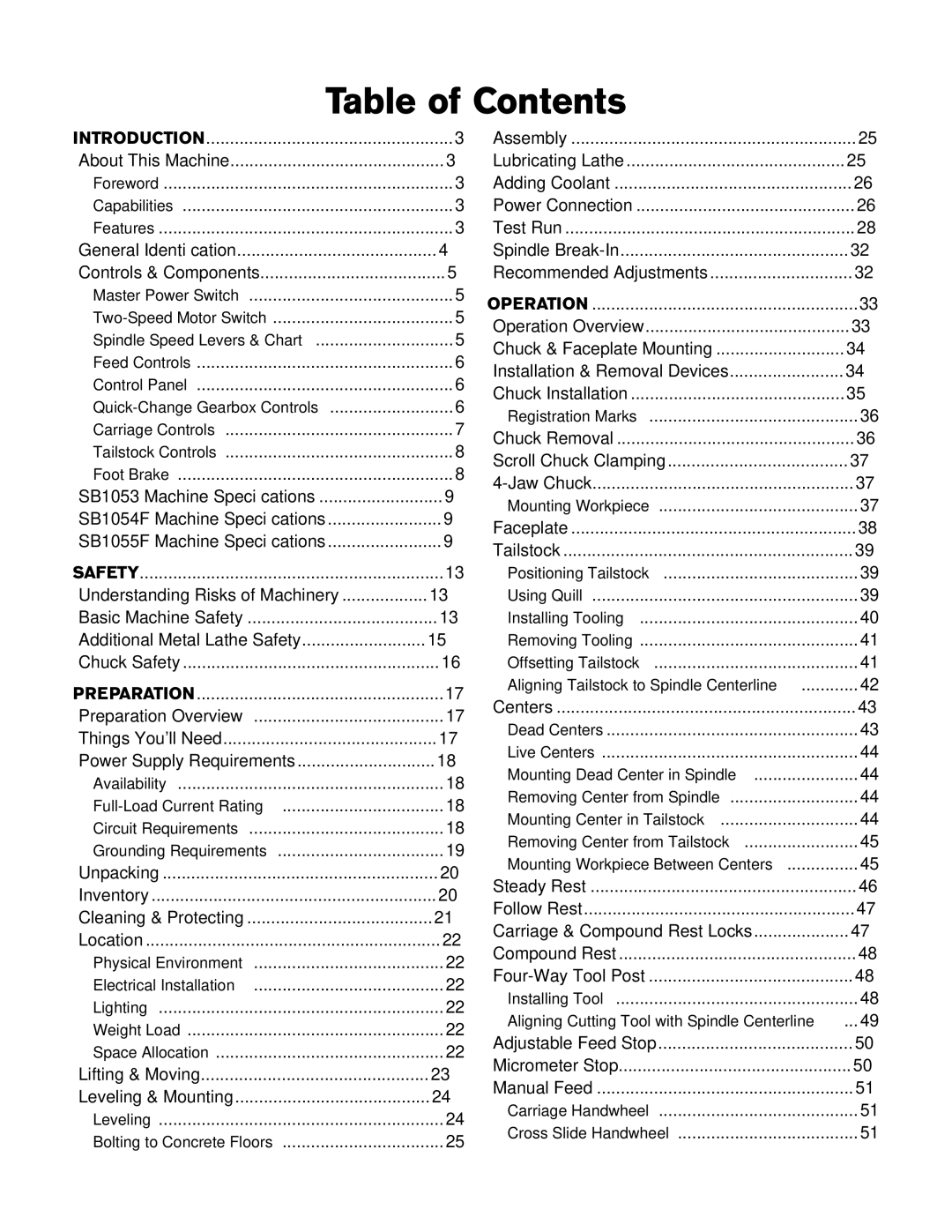 Southbend SB1053 owner manual Table of Contents 