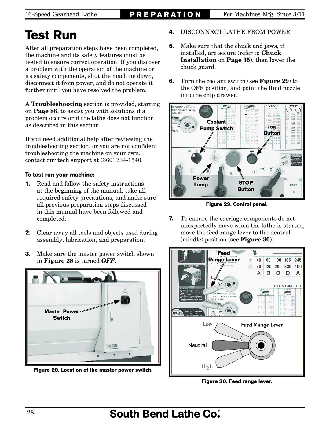 Southbend SB1053 owner manual Test Run, To test run your machine, Neutral 