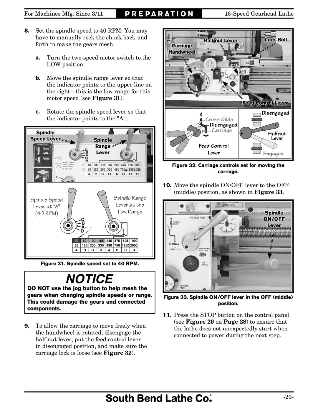 Southbend SB1053 owner manual Lever at, Spindle speed set to 40 RPM 