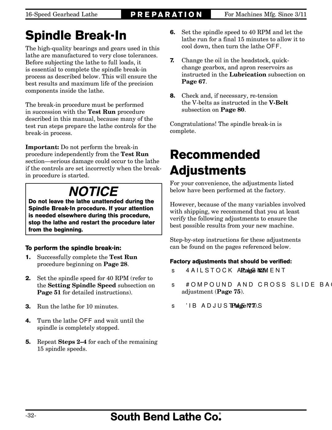 Southbend SB1053 owner manual Spindle Break-In, Recommended Adjustments, To perform the spindle break-in 