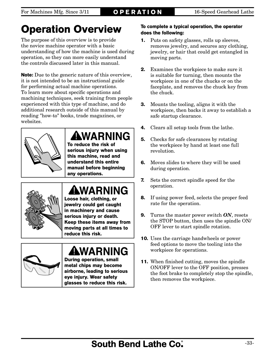 Southbend SB1053 owner manual Operation Overview 