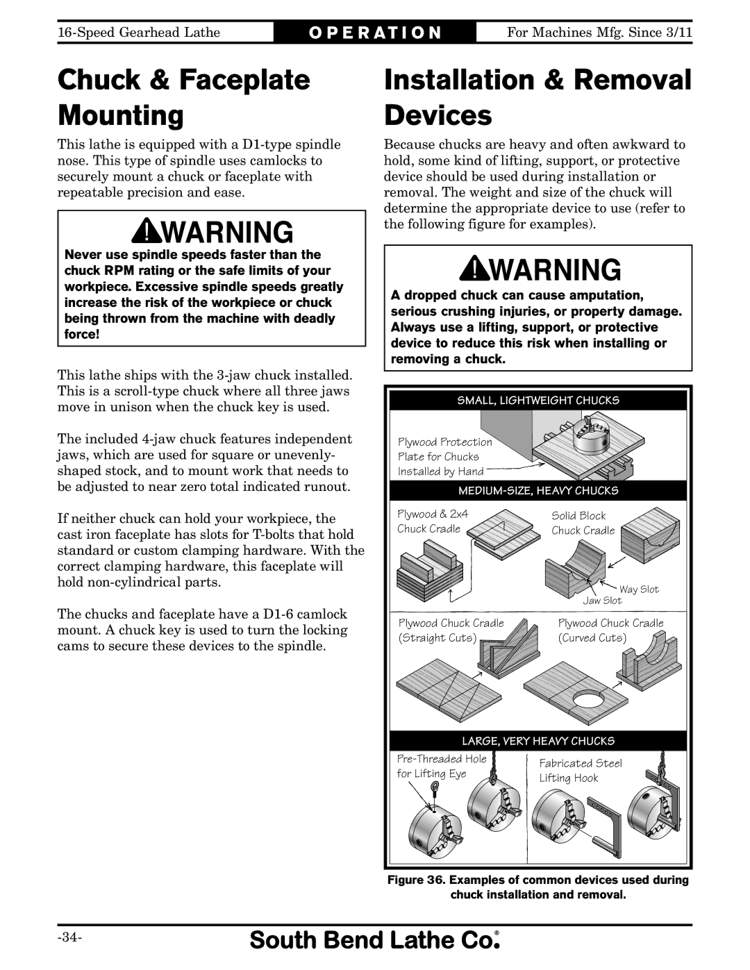 Southbend SB1053 owner manual Installation & Removal Devices, Chuck & Faceplate Mounting 