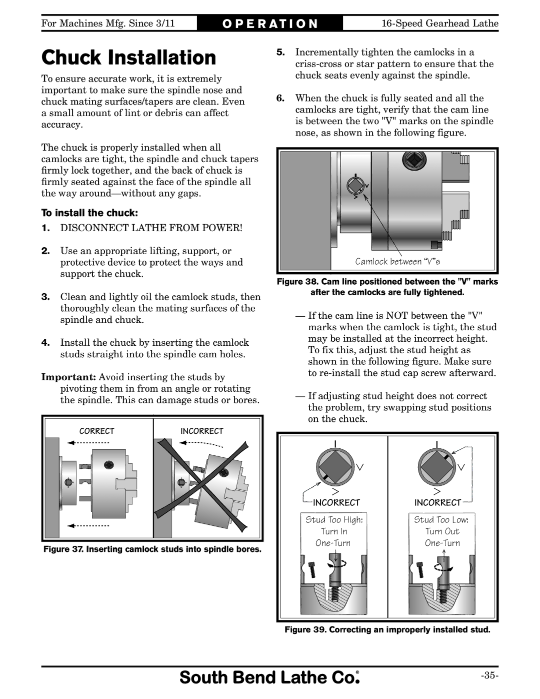 Southbend SB1053 owner manual Chuck Installation, To install the chuck 